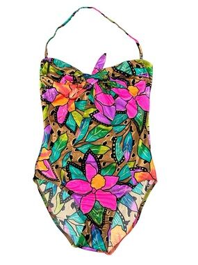 Vintage Oscar de la Renta One Piece Swimsuit Rare Floral Print USA Made Size 14